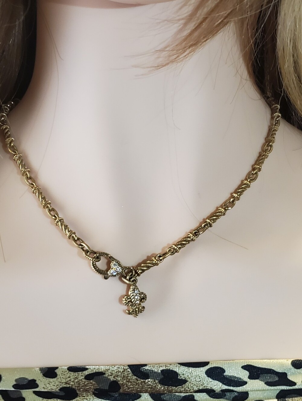 Judith Ripka 14k Gold Clad Oval Link Fleur-de-Lis Charm Necklace. Diamonique